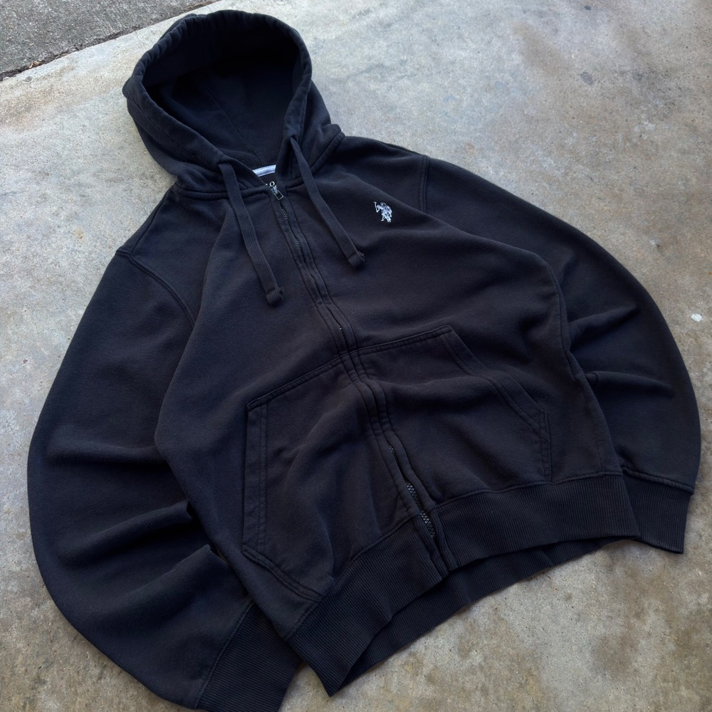 Vintage Y2K US Polo Assn Thermal Knit Zip Hoodie Workwear Gorpcore Black XS j4